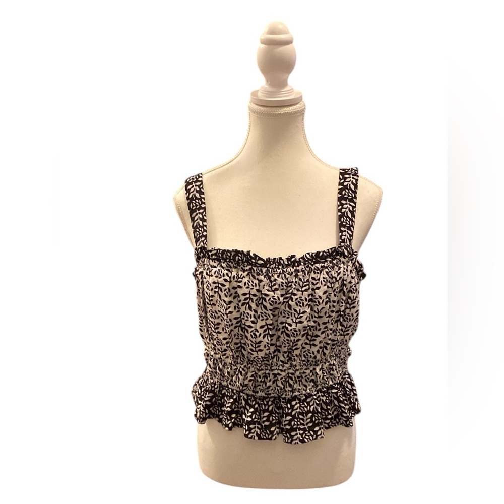 LOFT Women’s Square‎ Neck Top L Black White Floral Cottagecore Coquette Milkmaid